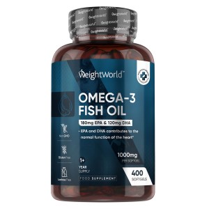 En burk med weightworlds fiskolja omega 3 kapslar