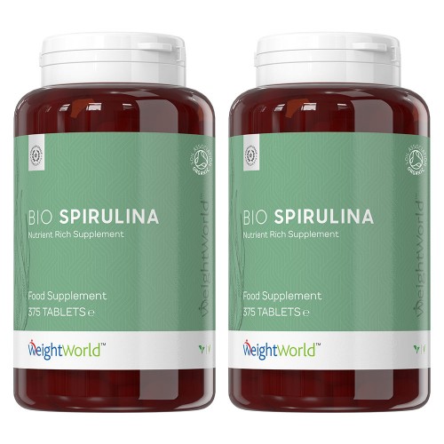 Bio Spirulina Algae kapslar - Naturligt rent kosttillskott - 375 tabletter, 4000mg dagligen - 2-pack